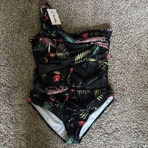 NEW- Black Tropical One Shoulder Swimsuit Sz  XL